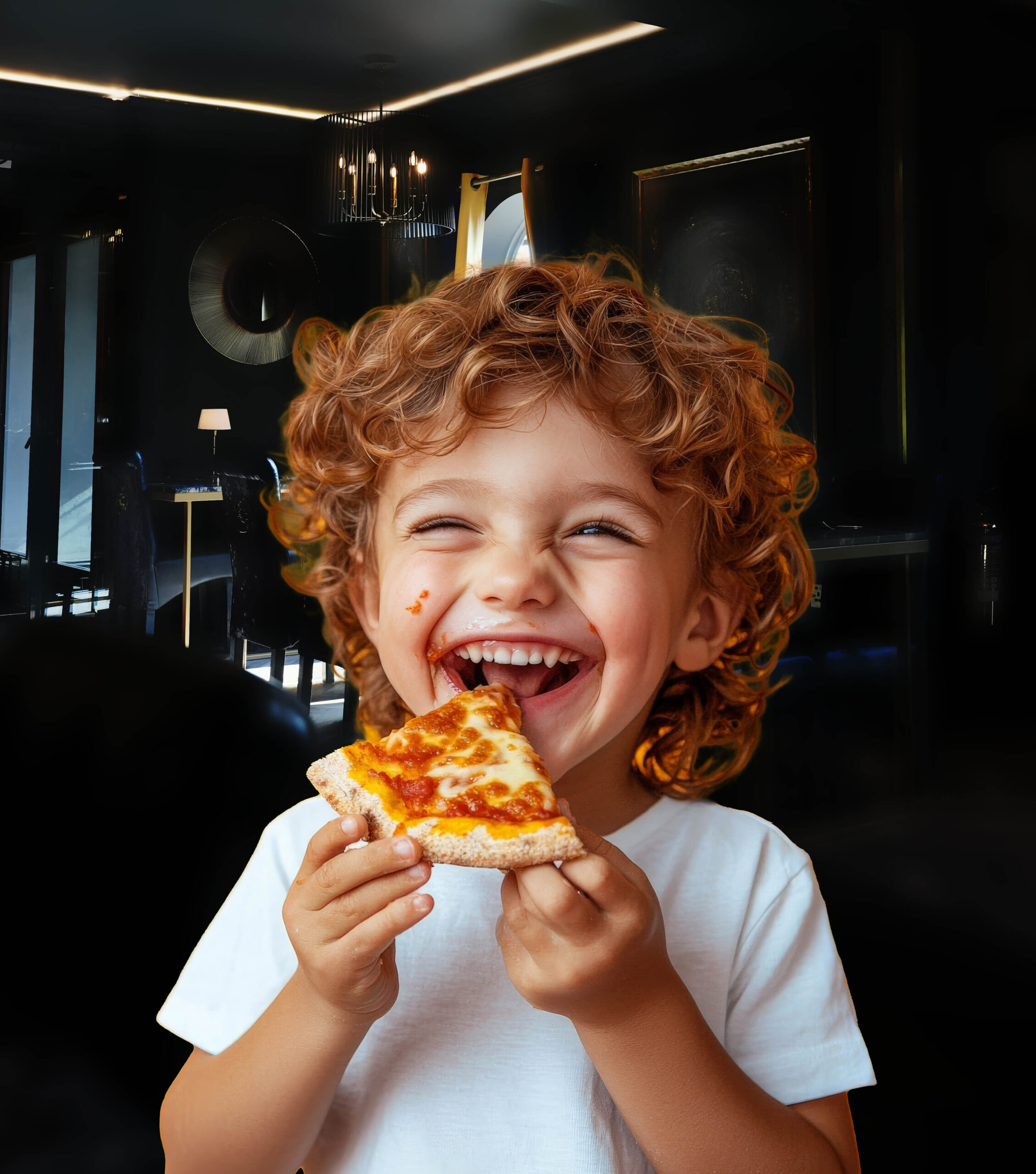 Kid enjoying pizza from The Farmhouse kids menu